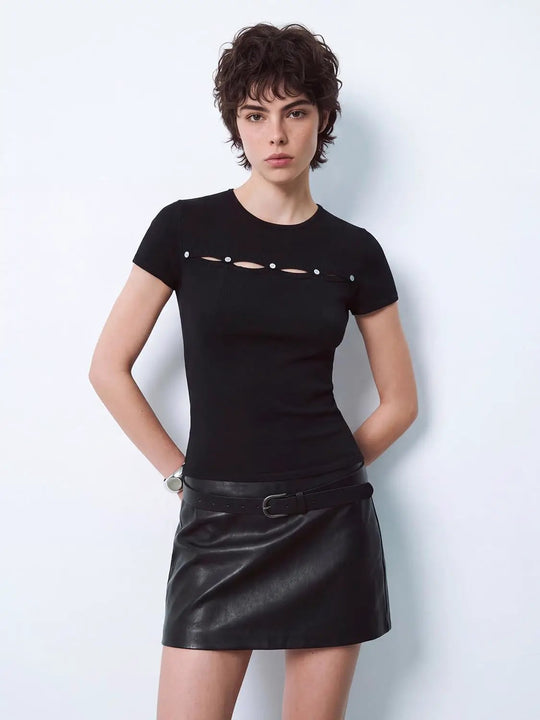 Knitted Crew Neck Short Sleeve Cutout T-Shirt