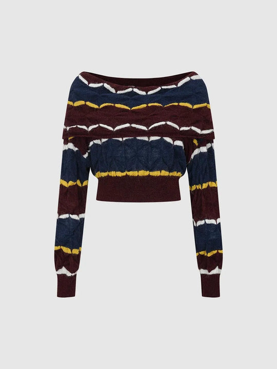 Cropped Striped Textured Long Sleeve Knit Sweater