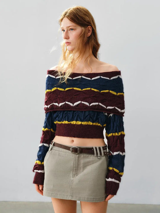 Cropped Striped Textured Long Sleeve Knit Sweater