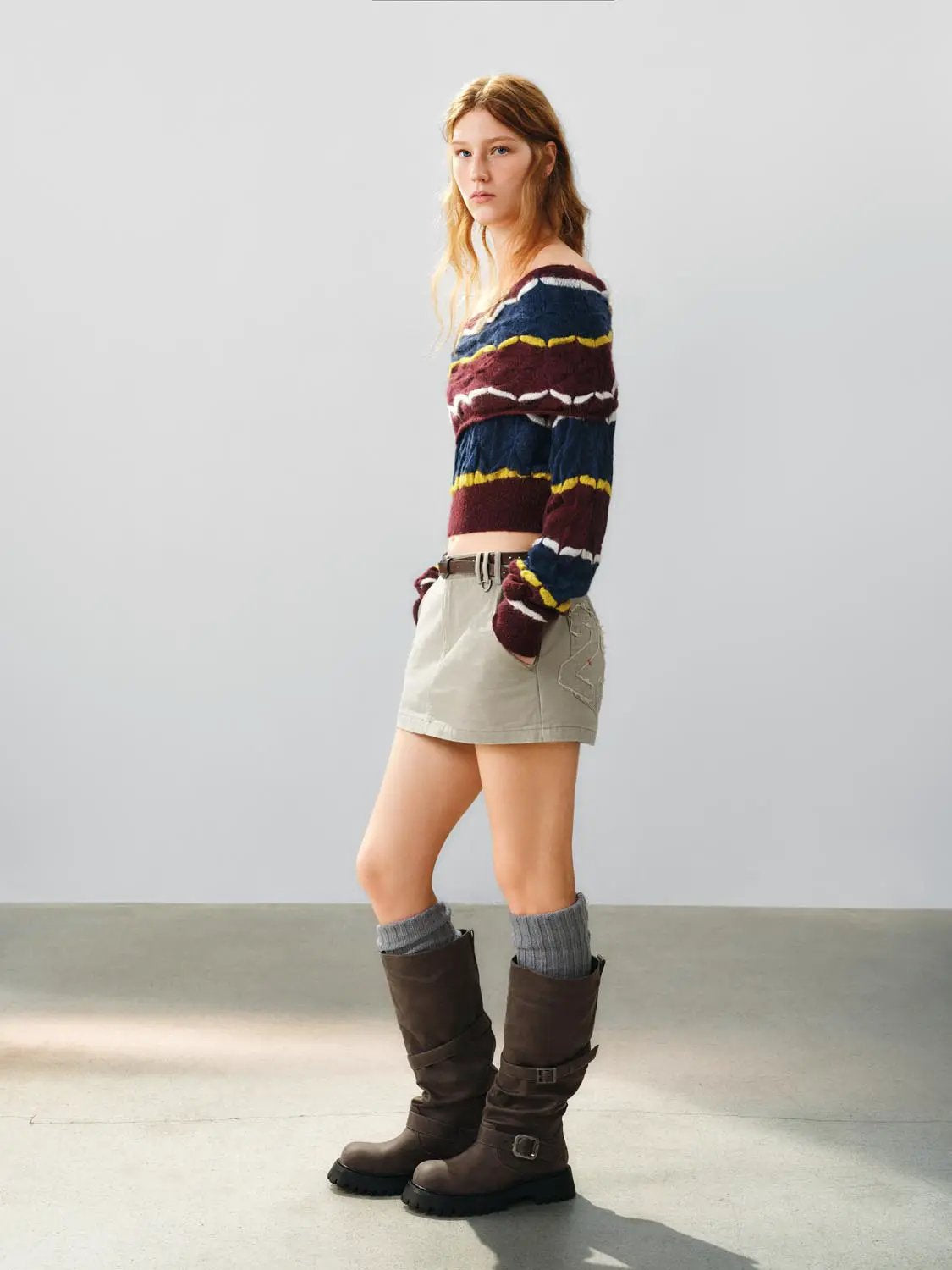 Cropped Striped Textured Long Sleeve Knit Sweater, multicolor burgundy/navy with white and yellow stripes