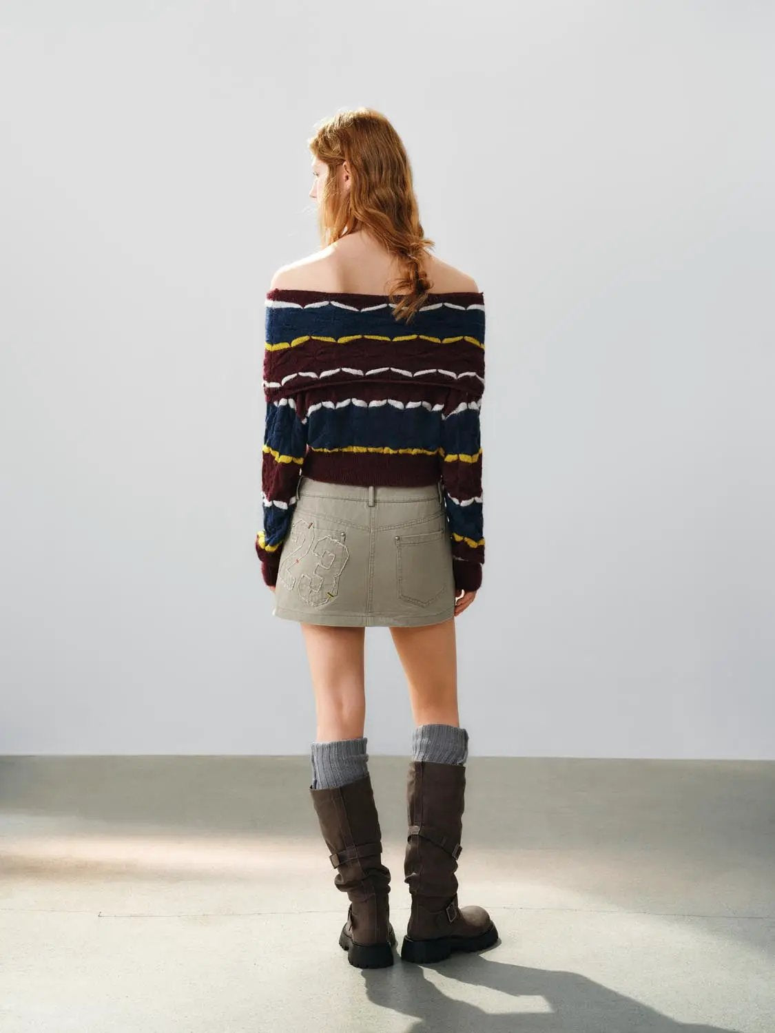 Cropped striped textured knit sweater by Urban Revivo Fashion; navy, burgundy, yellow stripes.