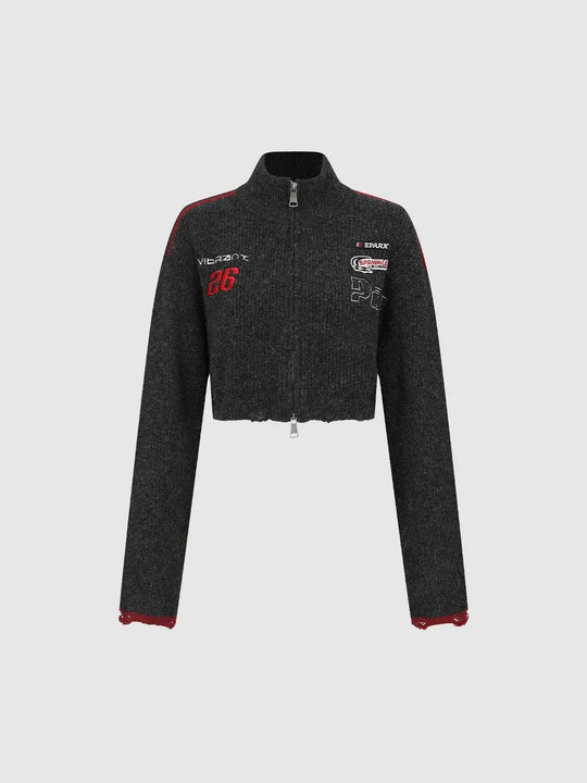 Graphic Knit Mock Neck Cropped Long Sleeve Jacket
