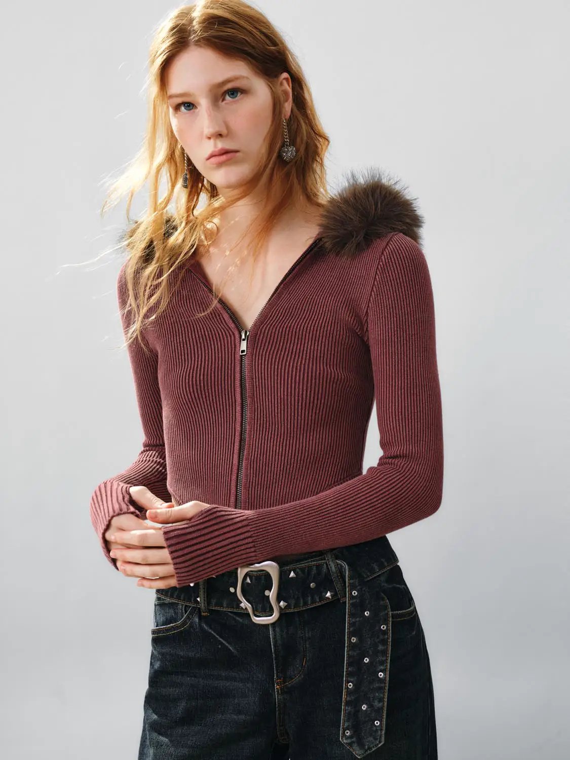 Knit Jacket by Urban Revivo Fashion; burgundy ribbed knit cardigan with fur collar and front zipper.