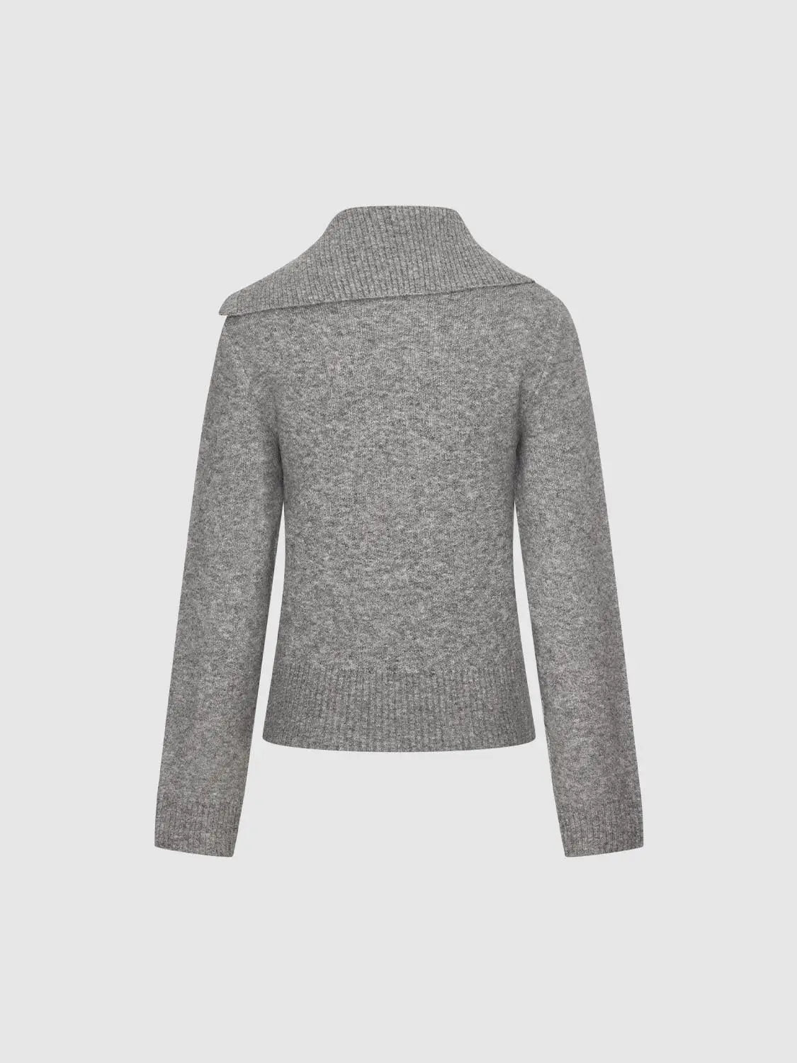 Knitted cardigan in grey, back view with wide shawl collar and ribbed cuffs