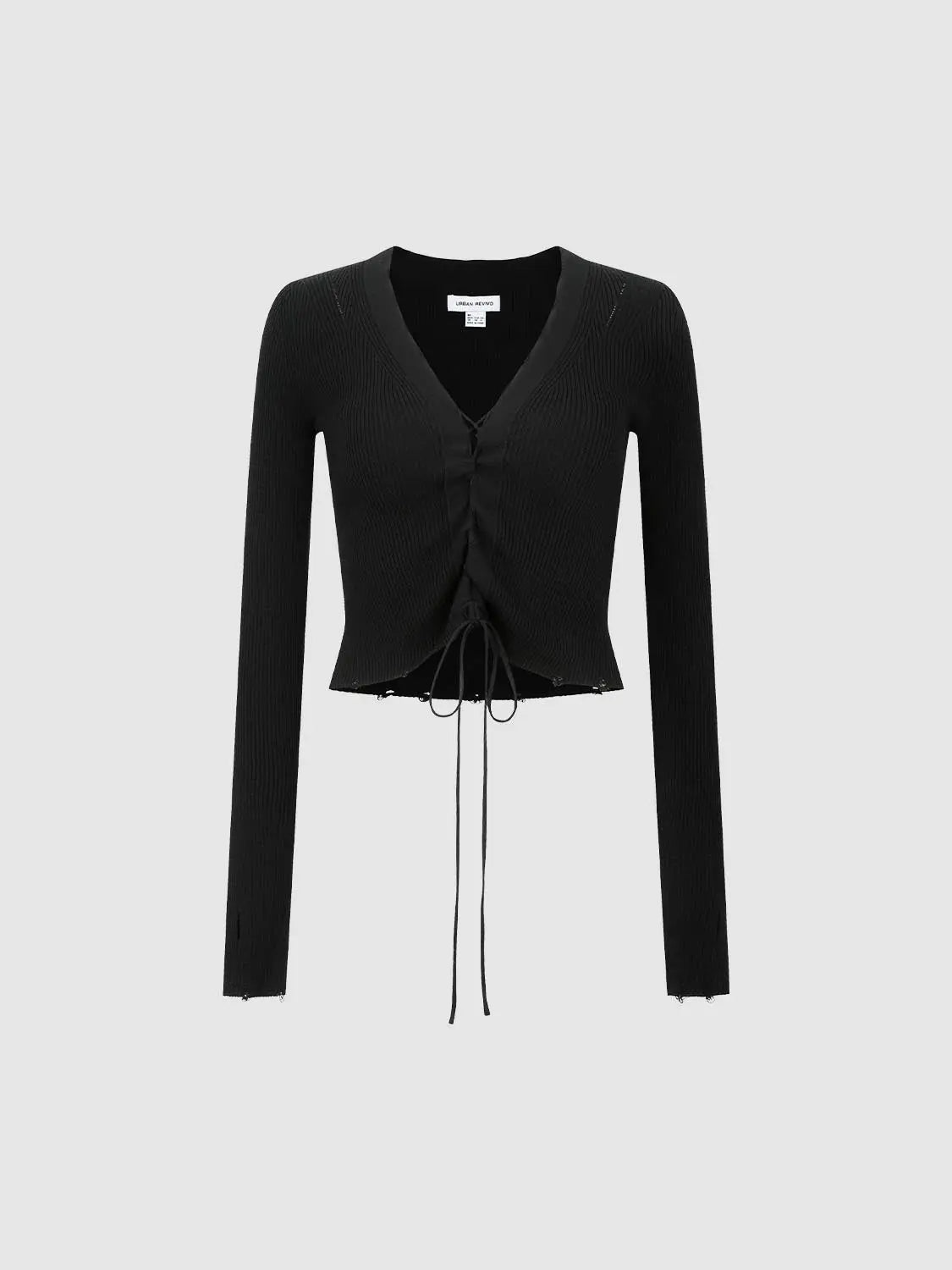 Knit T-Shirt black ribbed cropped top with V-neck and center-front drawstring ruched, Urban Revivo Fashion