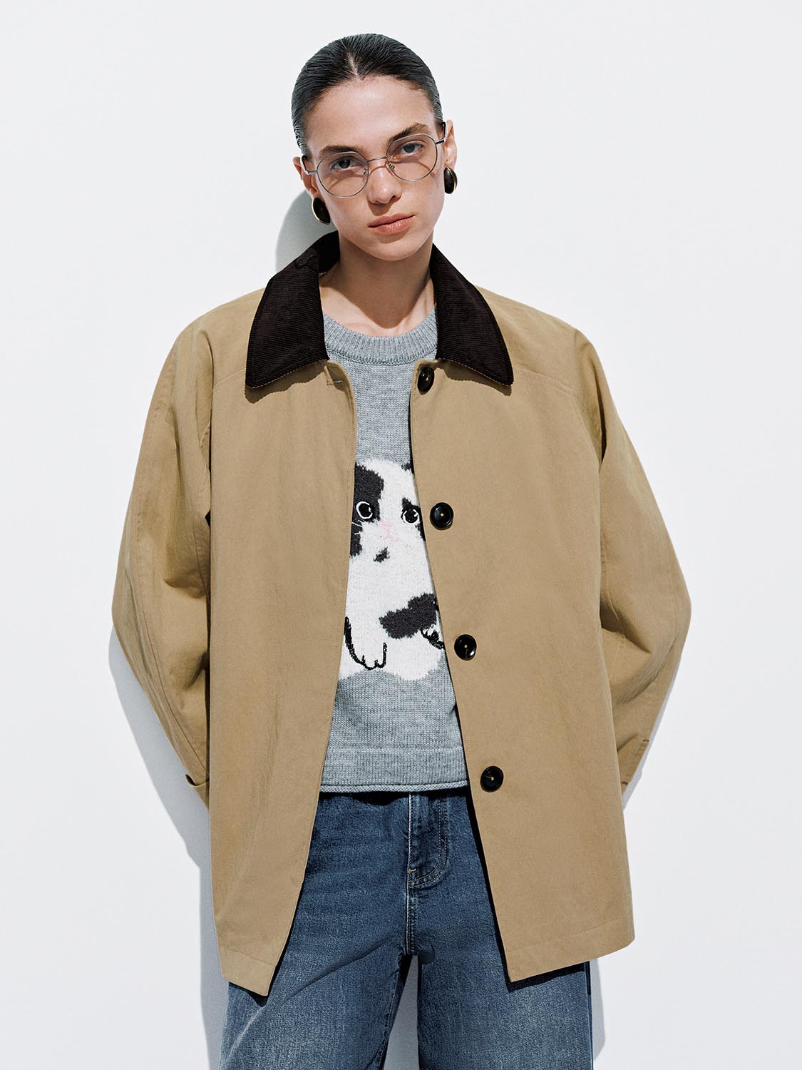 Contrast Collar Button Up Jackets