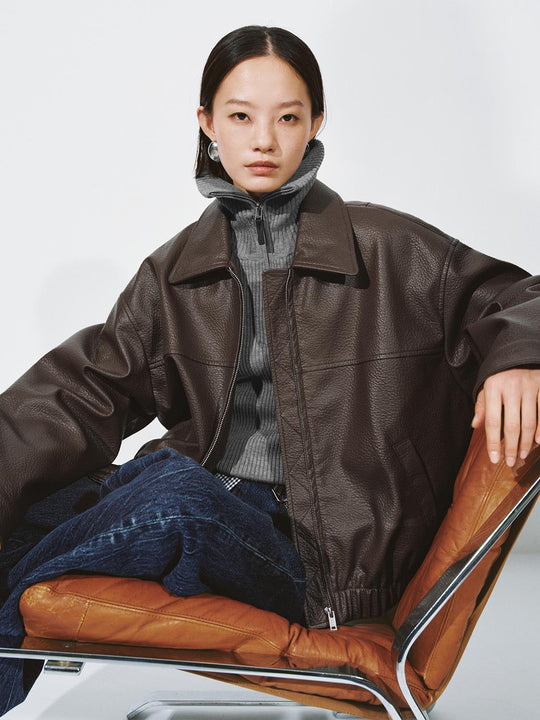 Faux Leather Collared Bomber Jackets