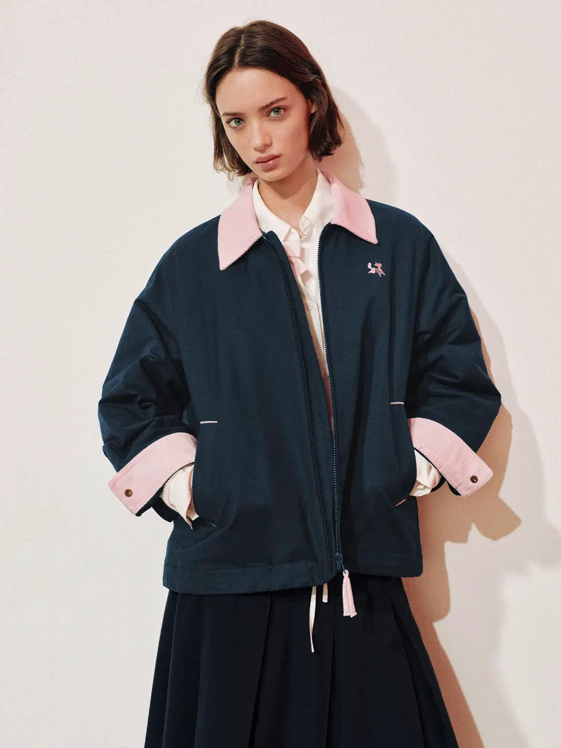 Padded Jacket UR in navy with pink collar and cuffs, front zipper, Urban Revivo logo