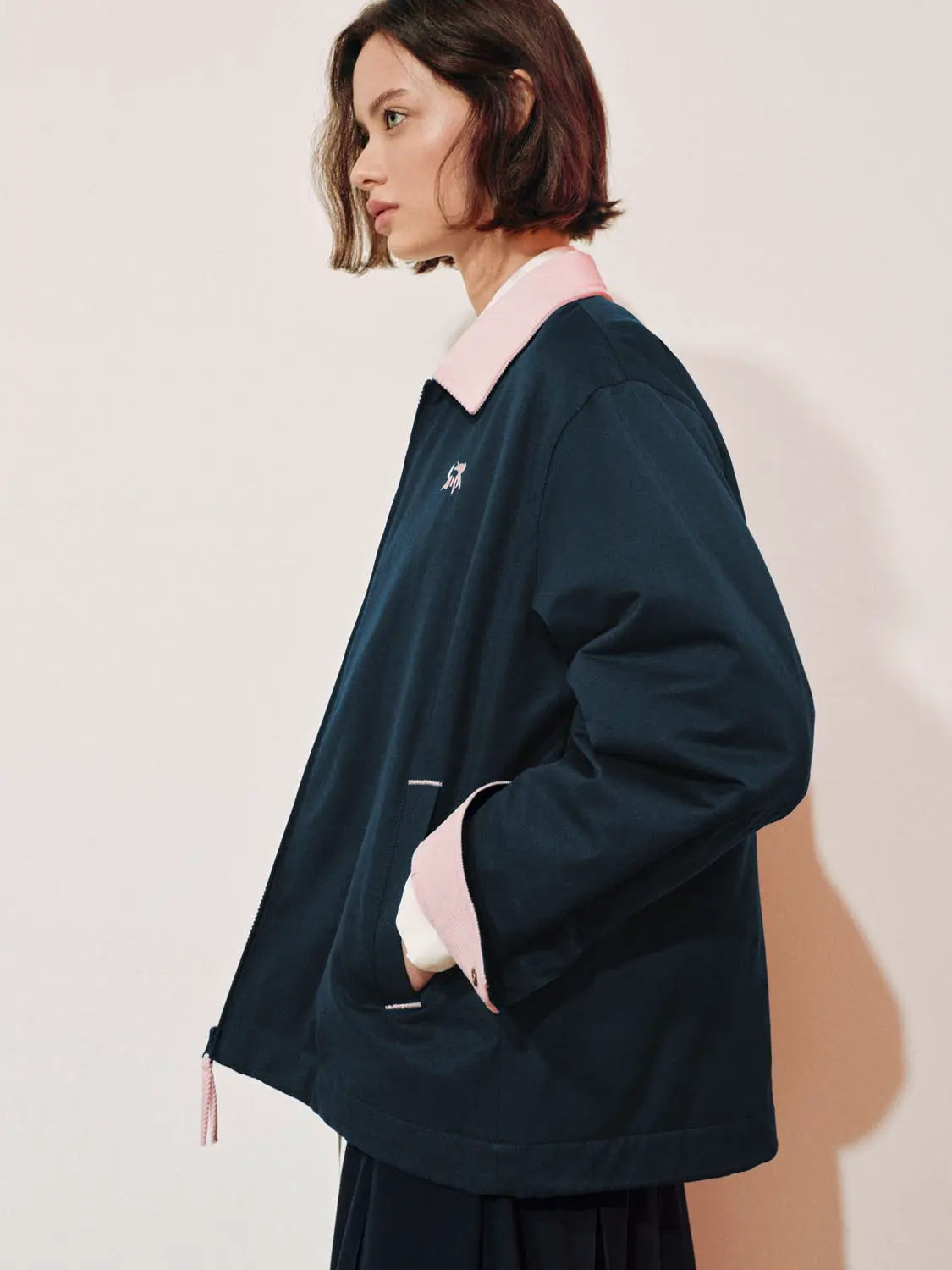 Padded jacket navy with pink collar and cuffs, small chest logo, Urban Revivo.