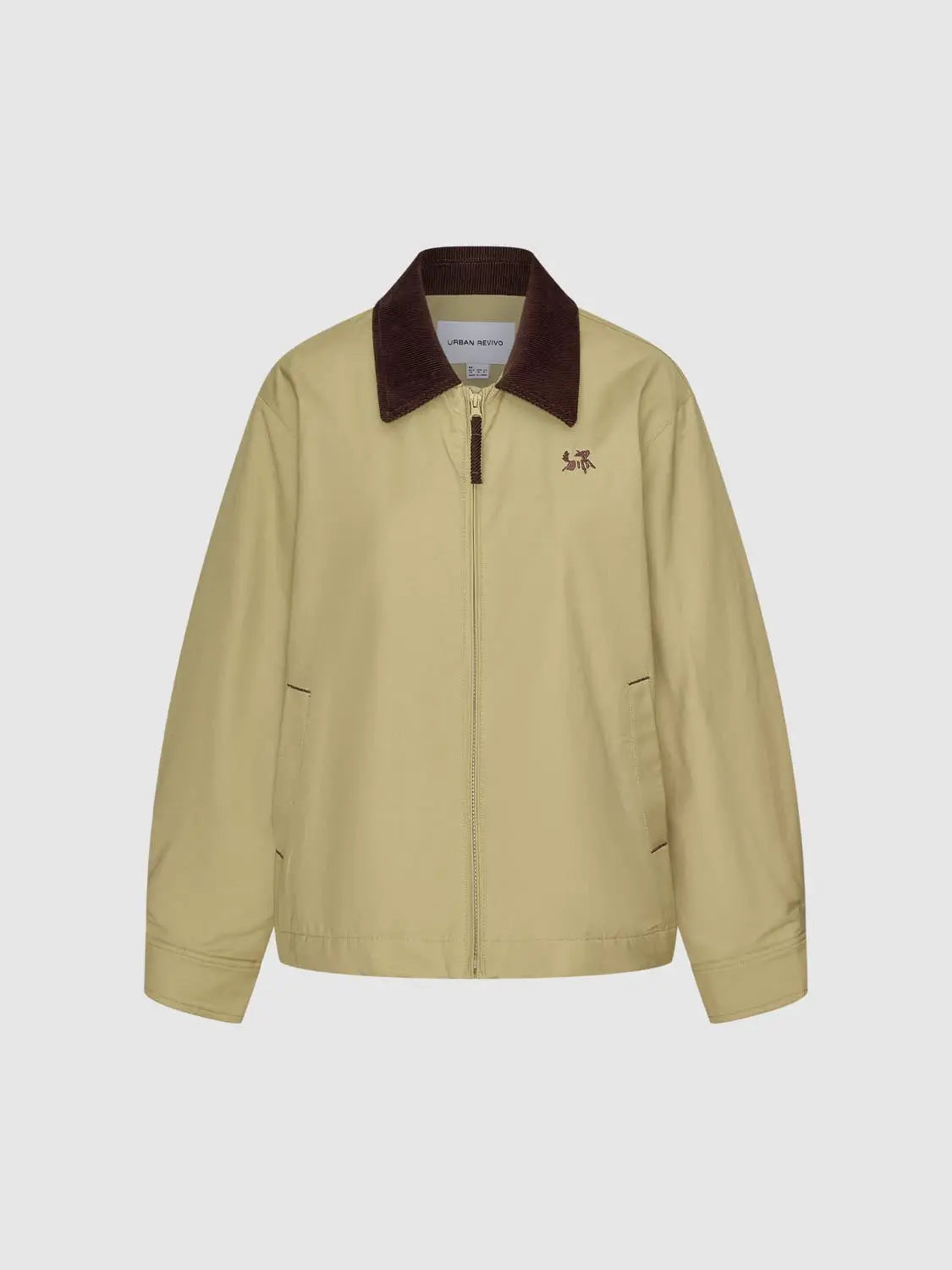 Urban Revivo Fashion padded jacket in beige with brown corduroy collar and zip front