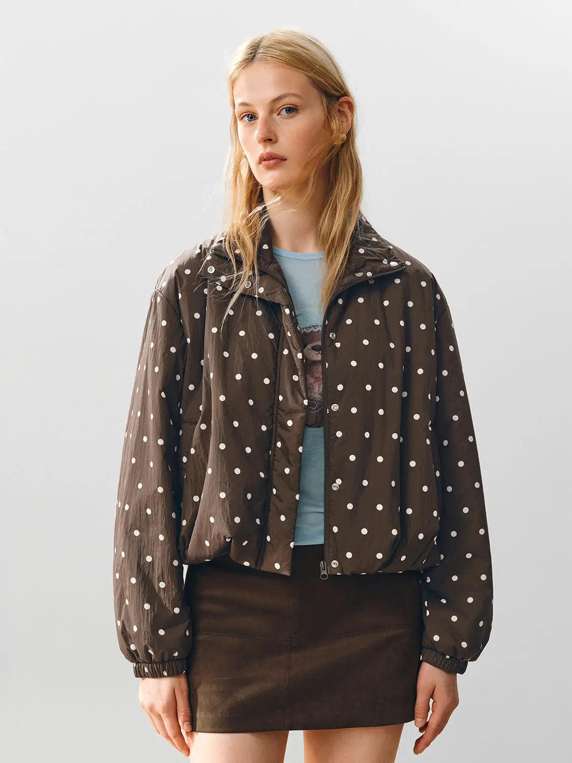 Padded Jacket cropped brown with white polka dots, Urban Revivo Fashion