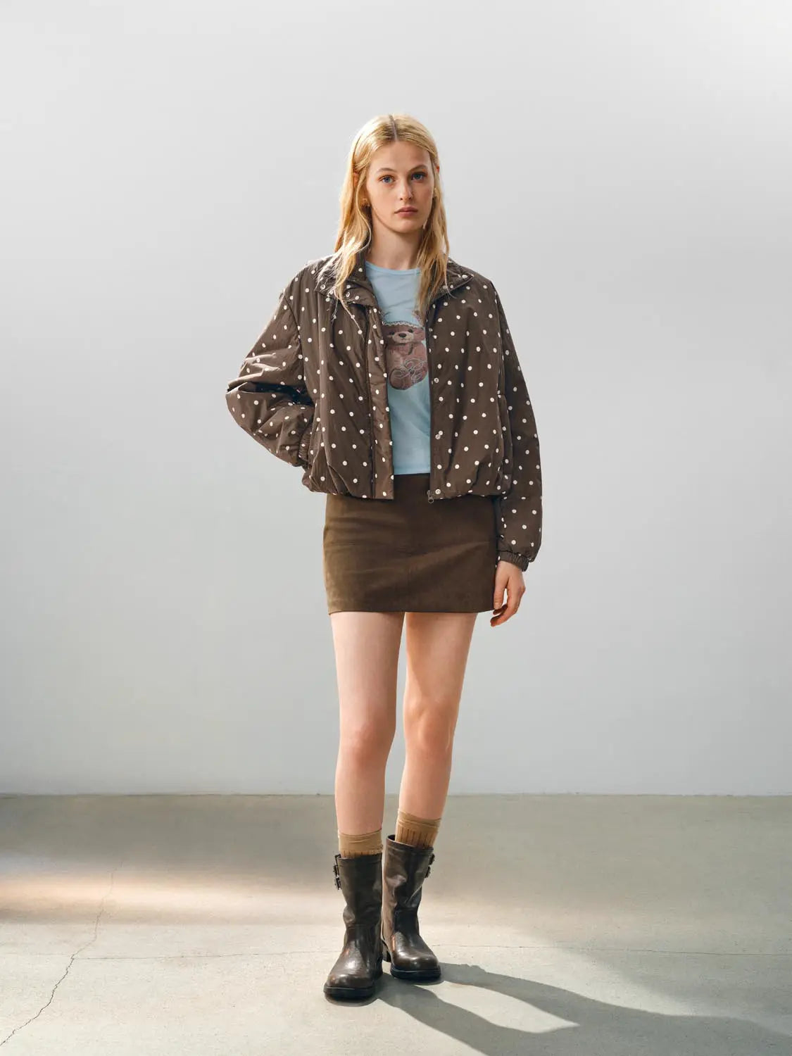 Padded jacket cropped brown with white polka dots by Urban Revivo Fashion