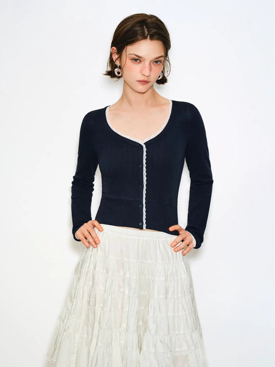 Lace Trim Button Front Cotton Long Sleeve Cardigan