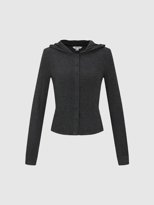 Hooded Button Front Knit Ribbed Cardigan