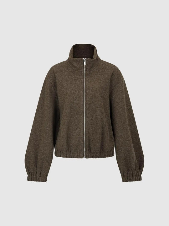 Textured Zip Front Oversized Mock Neck Long Sleeve Jacket