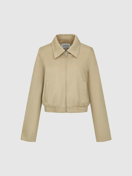 Zip Front Elasticated Hem Shirt Collar Long Sleeve Jacket