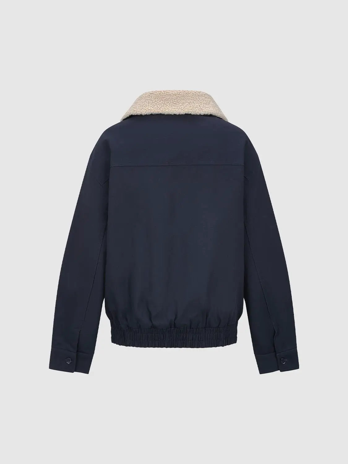 Jacket navy blue with beige sherpa collar and elastic hem, back view