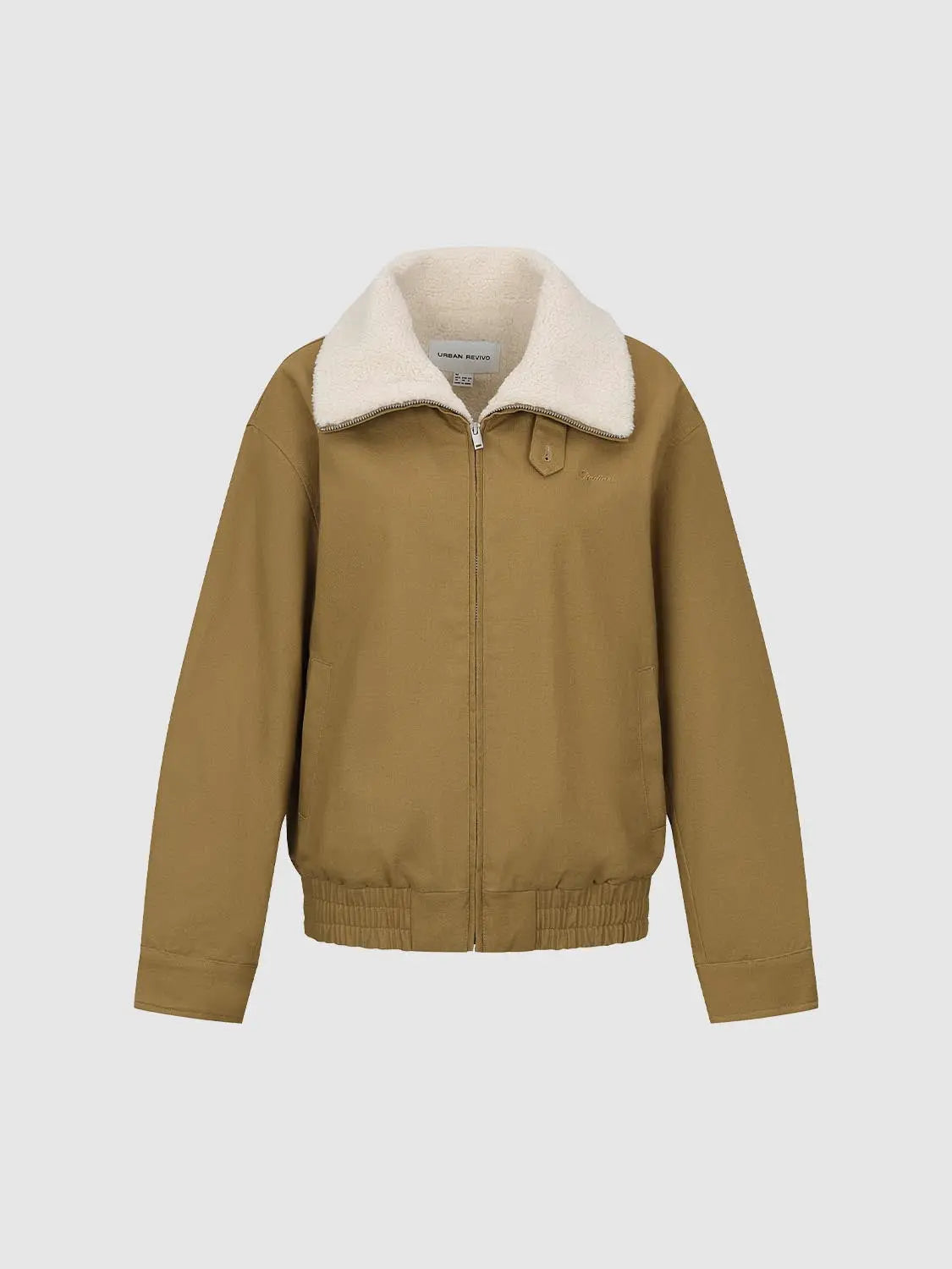 Jacket Urban Revivo Fashion tan with cream shearling collar, zip front, ribbed hem.