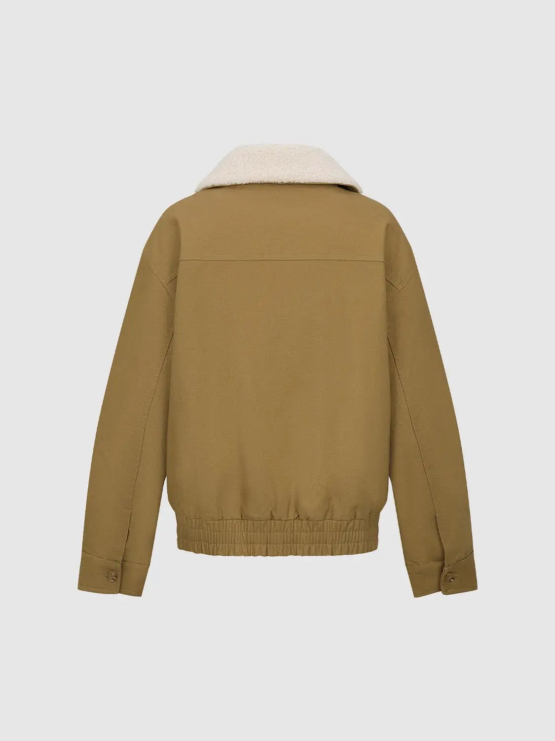 Jacket Urban Revivo Fashion, tan with cream sherpa collar, back view