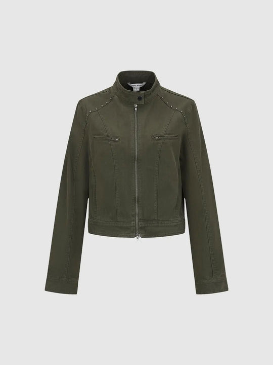 Studded Zip Front Cropped Long Sleeve Cotton Jacket