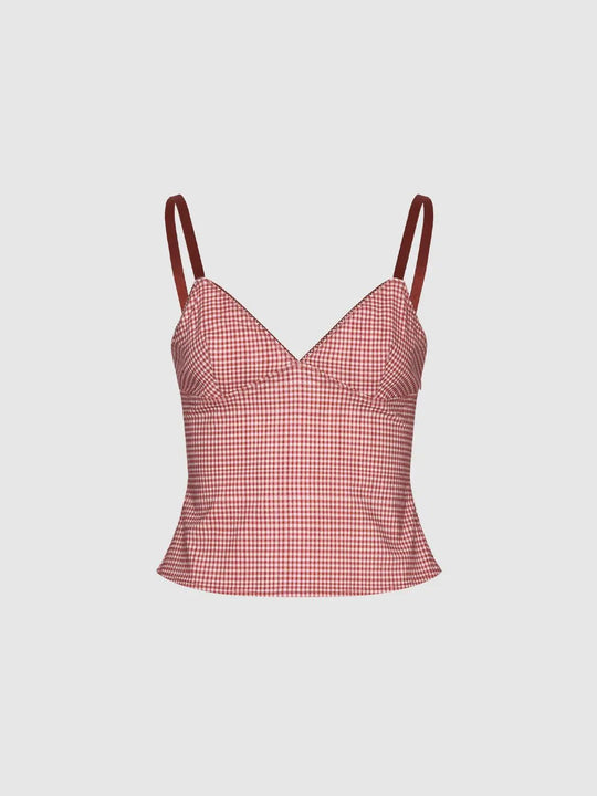 Strappy Contrast Check Skinny Fit Cami Tops For Everyday Street Style