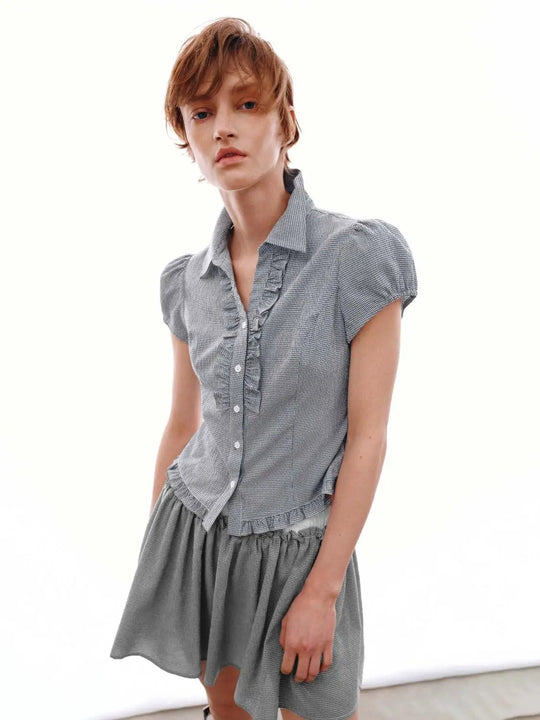 Slim-Fit Hemden mit Puffärmeln, Rüschenbesatz und Karomuster