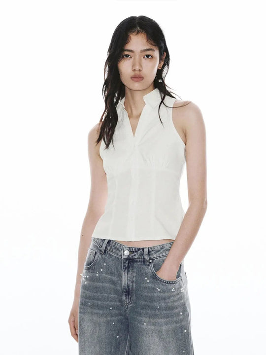 Seamed Skinny Fit Sleeveless Shirts With Slight Stretch