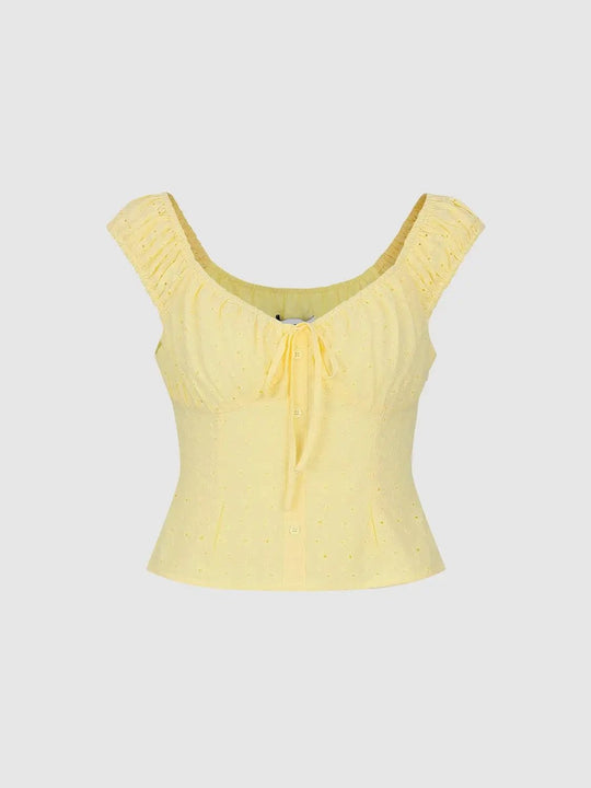 Yellow Eyelet Cotton Shirred Front Tie Cap Sleeve Shirt