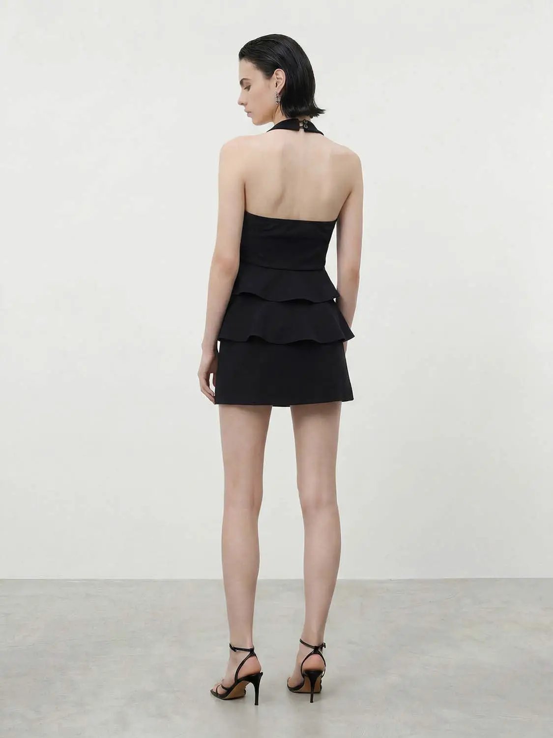 Shirts Urban Revivo Fashion black strapless halter-neck top with three-tier ruffles, back view