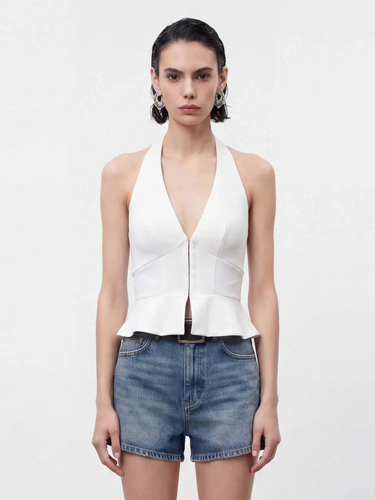 Peplum Thick Zipper Front White Elegant Fit Versatile Halter Sleeveless Shirts