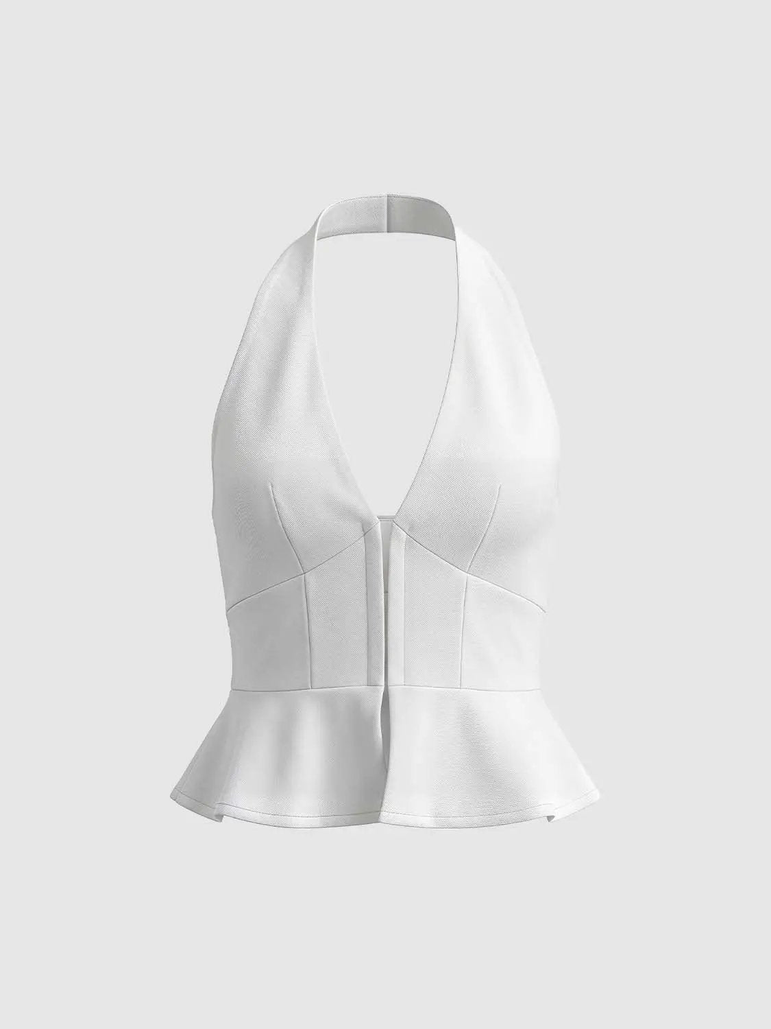 White halter-neck peplum top with structured panels