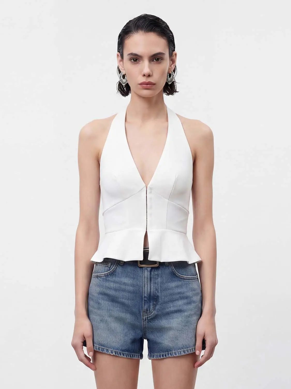 Shirt by Urban Revivo Fashion; white halter-neck top with front zipper and peplum hem.