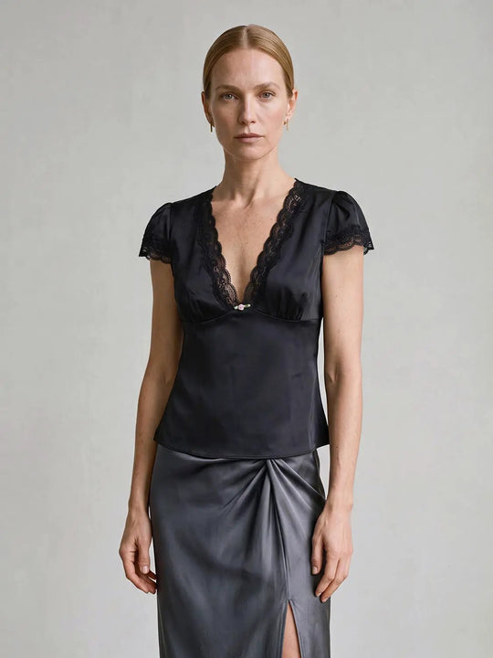 Lace Trim V-neck Short Sleeve Shirt