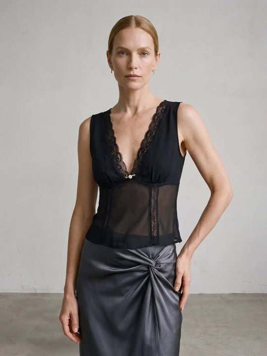 Delicate Black Lace Trimmed Sheer V-neck Blouse