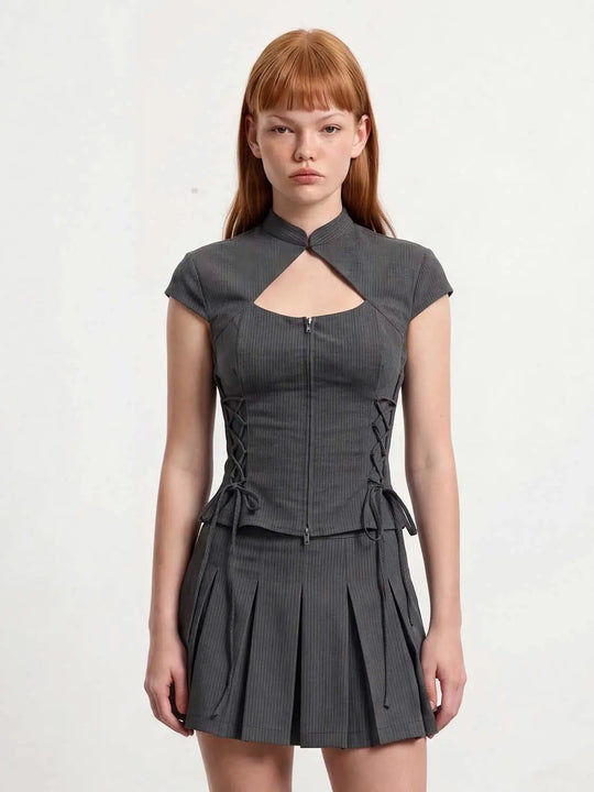 Lace-Up Cutout Chest Zipper Front Slim-Fit Premium Poly Blend Shirts