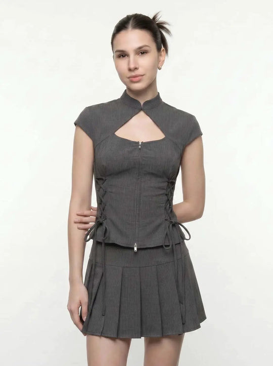 Lace-Up Cutout Chest Zipper Front Slim-Fit Shirts