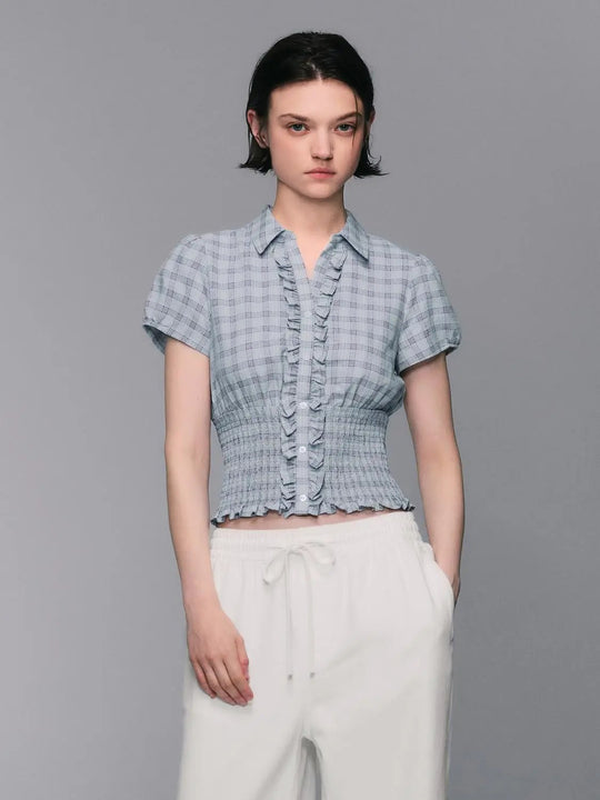Ruffled Placket Gingham Lettuce Hem Blouse