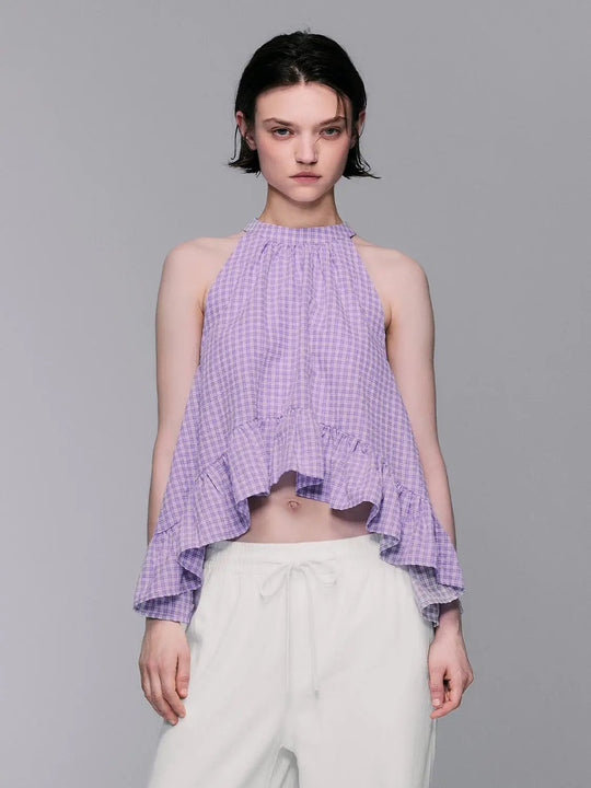 Halter Gingham Ruffle Thin Stretch Cotton Blouse