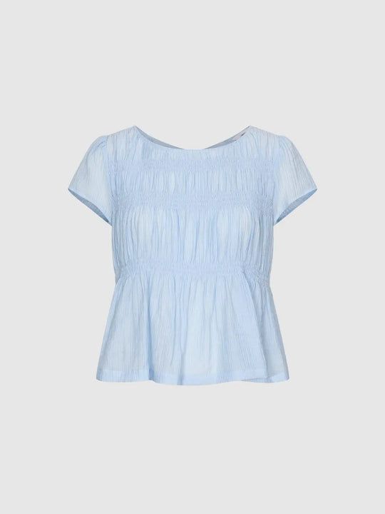 Ruffle Trim Smocked Short Sleeve Overhead Shirts