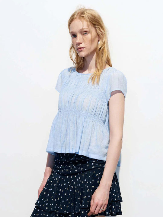 Ruffle Trim Smocked Short Sleeve Overhead Shirt