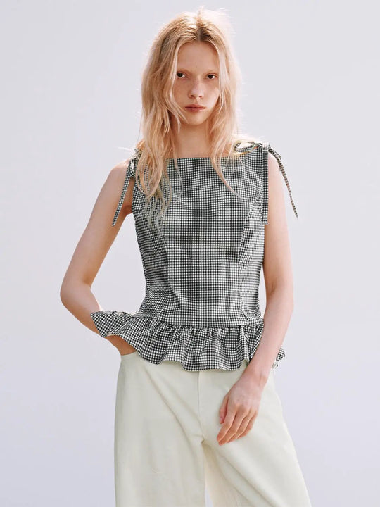 Ruffle Hem Shoulder Ties Sleeveless Overhead Shirt