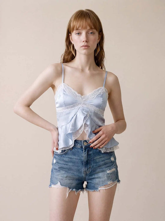 Lace Trim Ruffle V-Neck Camisole