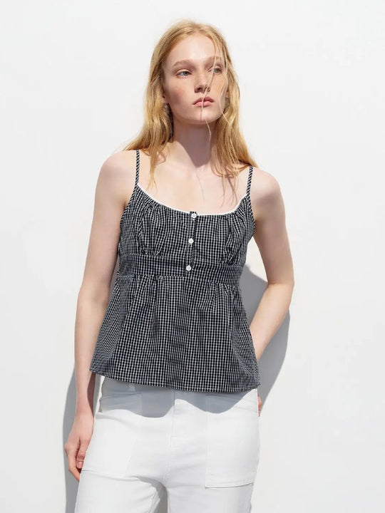 Cotton Gingham Check Button Front Tank Tops
