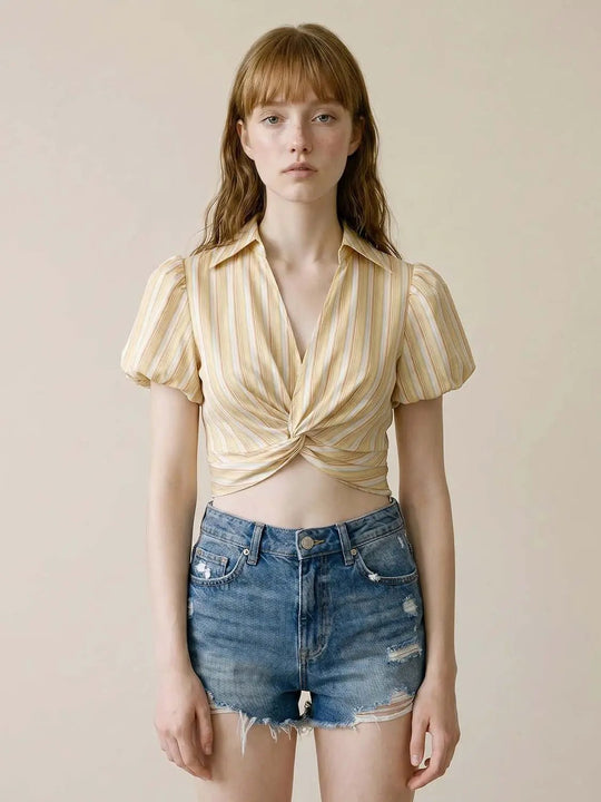 Textured Stripe Weave With Short Puff Sleeves And Cropped Silhouette Shirt