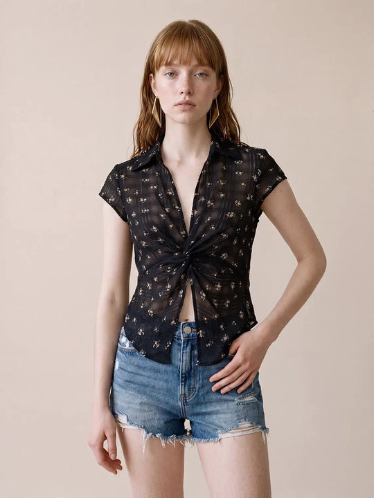 Black Twist Knot Floral Sheer Lightweight Blouse