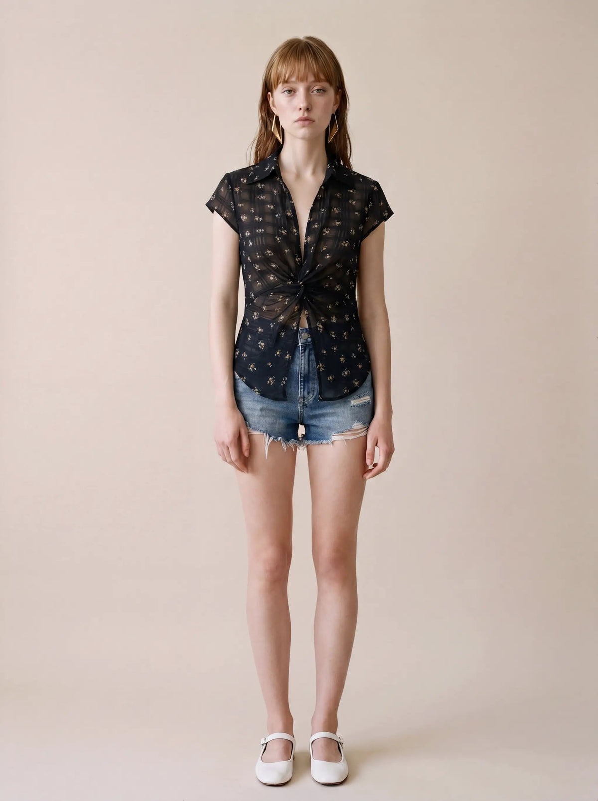 Black sheer floral twist-knot blouse, lightweight overhead shirt with short sleeves