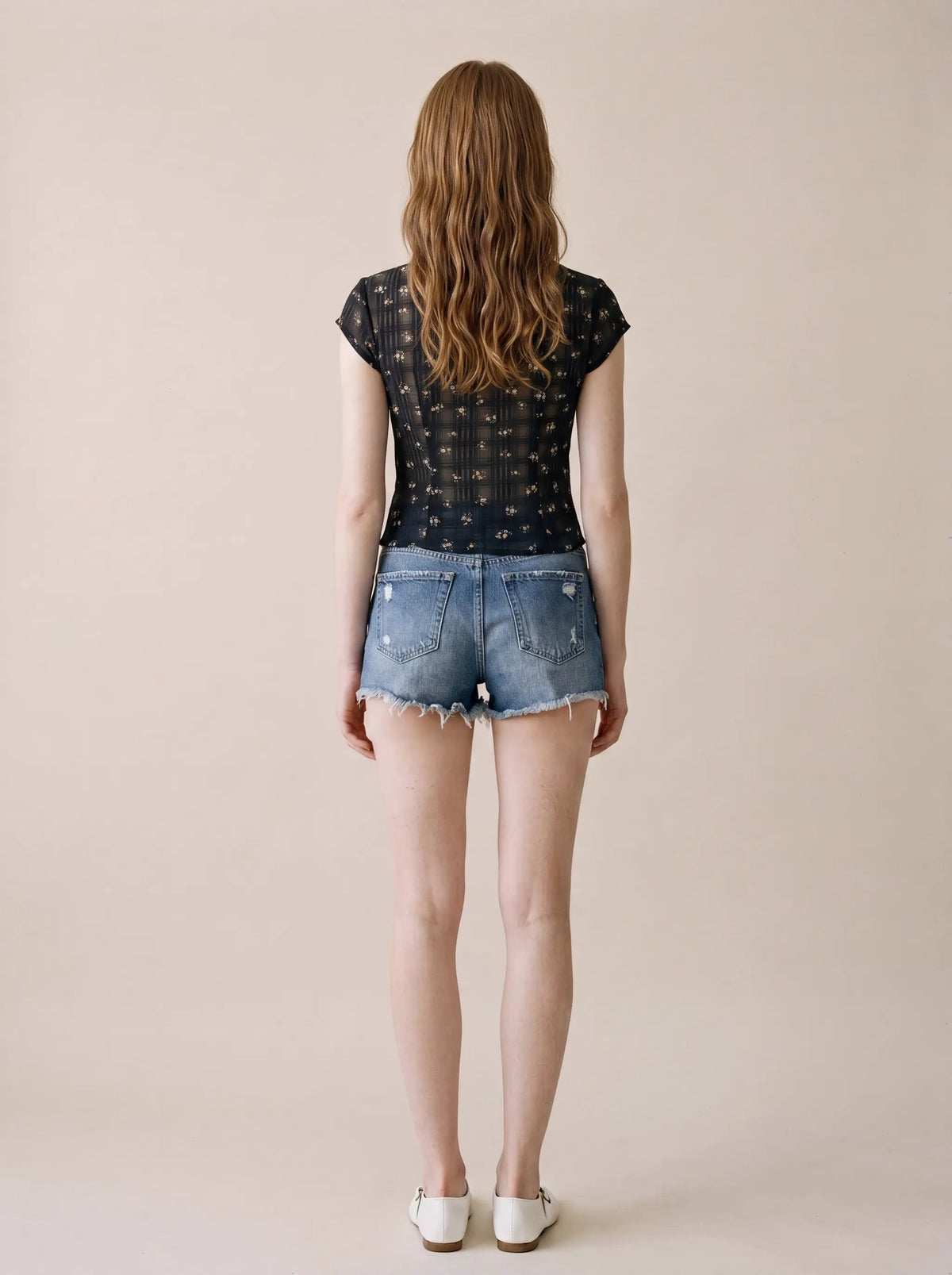 Black Twist Knot Floral Sheer Lightweight Blouse shown from the back.