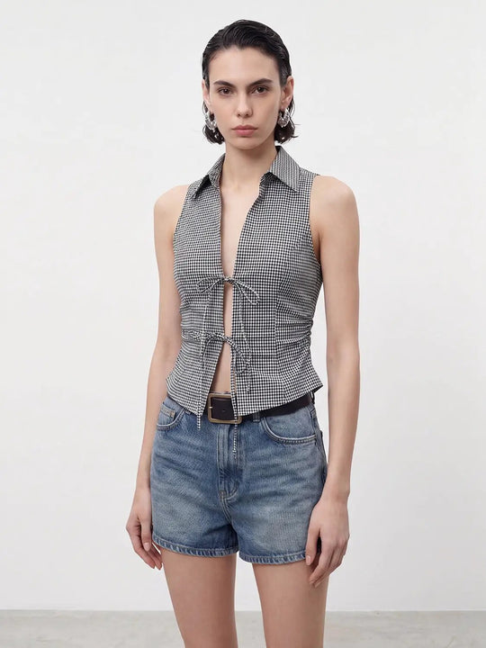 Gingham Tie Front Sleeveless Cardigan Shirt