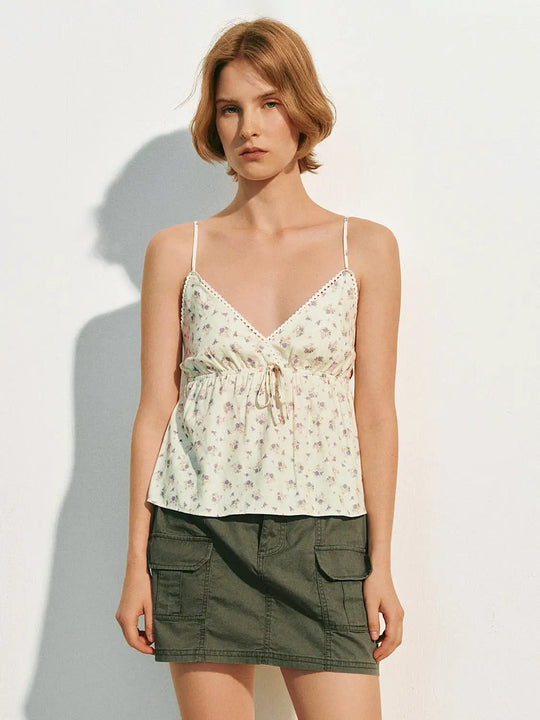 Floral Lace Trim Tie Front Cotton Camisole