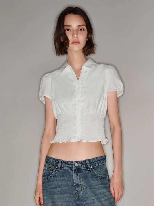 Cropped Puff Sleeve Button Front Shirred Waist Blouse